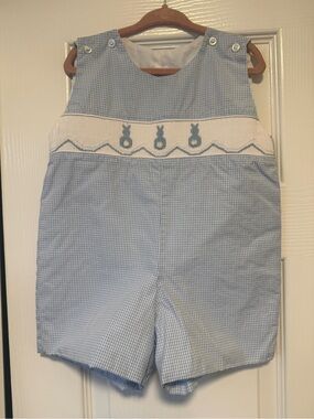 Classic Whimsy Blue Gingham Boys' Shortall with Bunny Smocked Panel